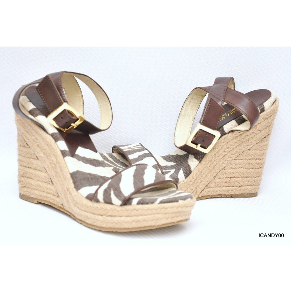 Michael Kors Brown Zebra Espadrille Wedge Sandals with Gold Buckles